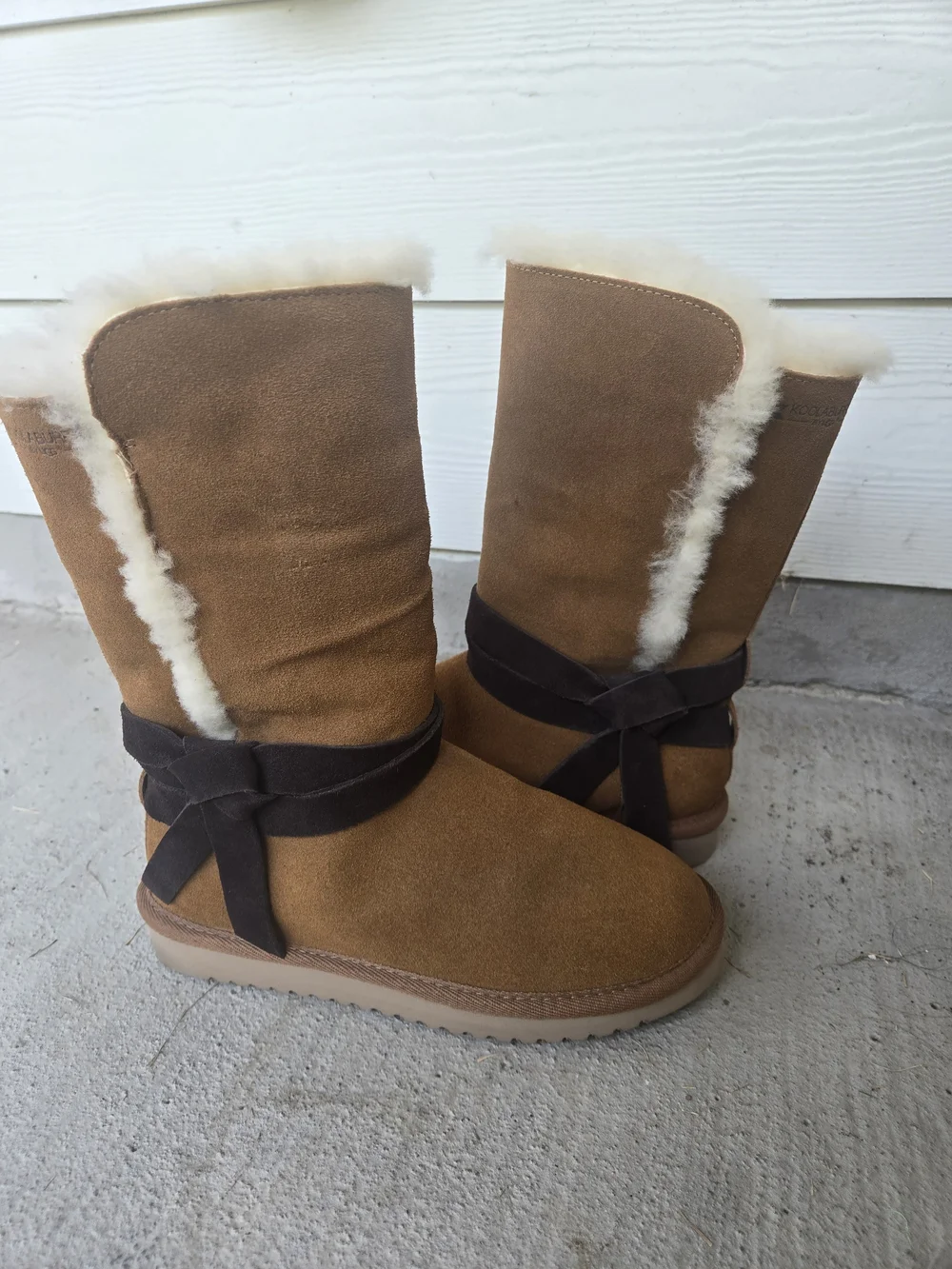 Koolaburra By Ugg  Chestnut Suede Shearling Mid-Calf Boots with Dark Brown Wrap
